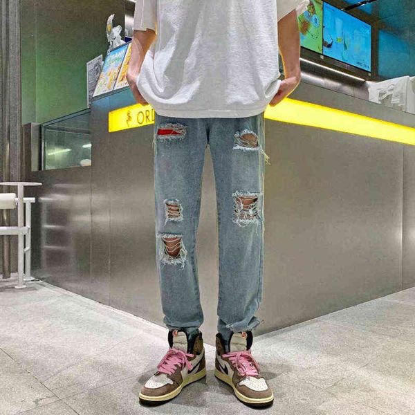 

summer blue ripped jeans men fashion casual straight jeans men streetwear harajuku loose hip hop hole denim pants mens trousers t220726
