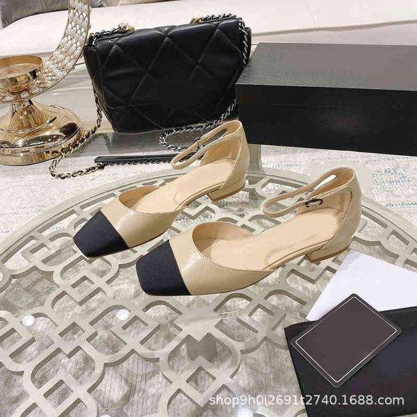 

dress shoes early spring fashion baotou sandals flat bottom color matching women's shoes square head one-line buckle low heel pomp, Black