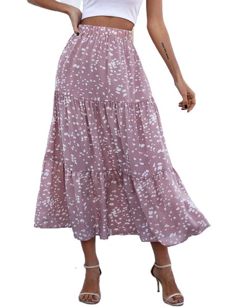 

high waist dalmatian print ruffle hem skirt f02k#, Black