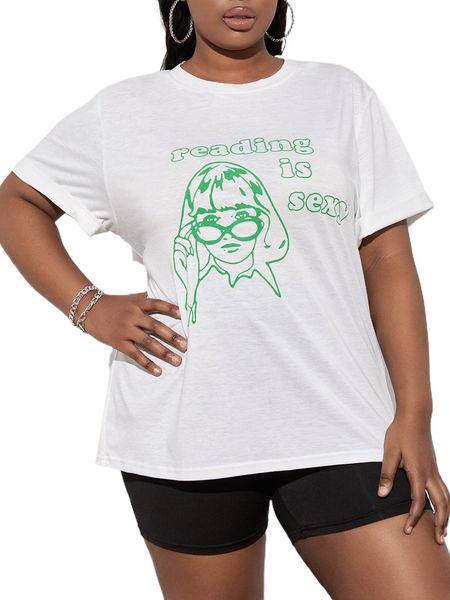 

plus slogan & figure graphic tee f7bc#, Black