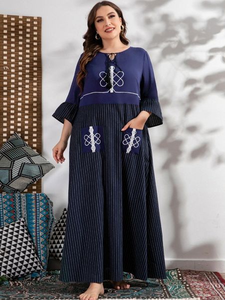 

plus striped tie neck flounce sleeve maxi smock dress u51r#, Black