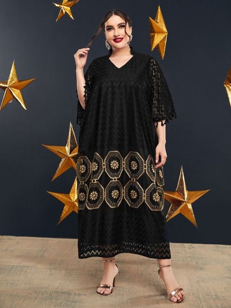 

plus random geo & floral embroidery tassel trim batwing sleeve dress 93qd#, Black
