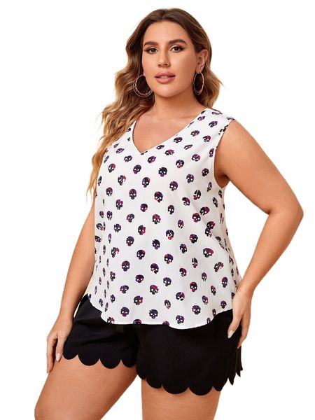 

plus skull print v neck tank i0ak#, Black