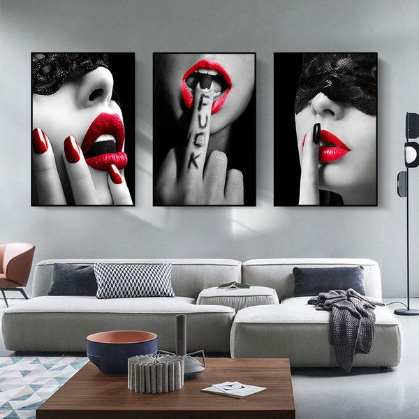 Modern Sexy Red Lips Red Lips Woman Retrato Arte Mural Impressão da moda Mulher Poster Canvas Arte A beleza Painting Wall Painting Home Bar Decor