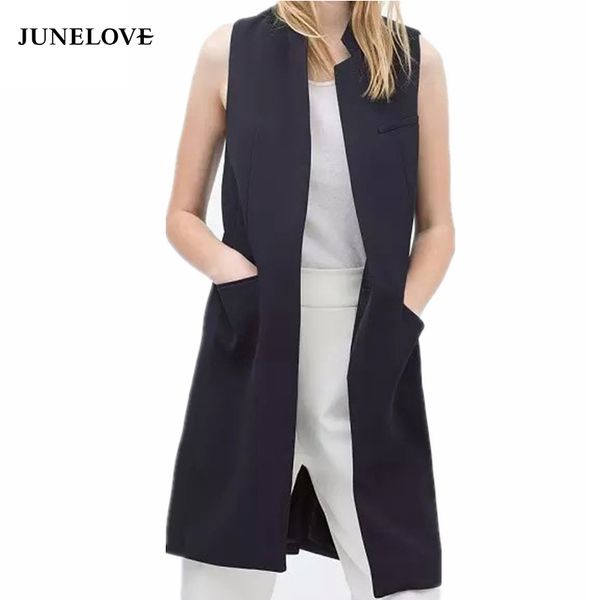 JuneLove blazer gilet casual gilet donna colletto alla coreana abito lungo gilet giacca donna cappotto tasche nere office lady Work 201031