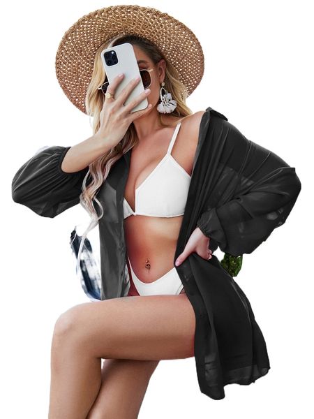 

sheer mesh button front kimono e4f3#, White;black