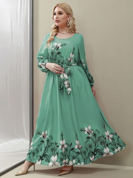 

plus random floral print belted dress h6bl#, Black