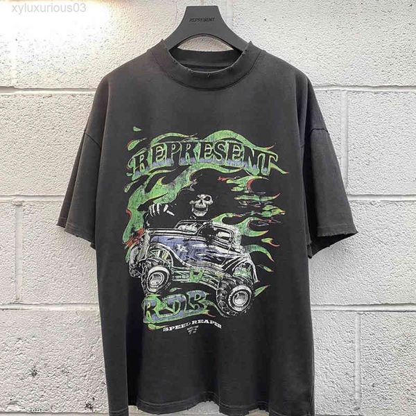 

correct rep tide brand short sleeve summer soul skeleton off-road vehicle printed wash loose high street t-shirt, White;black