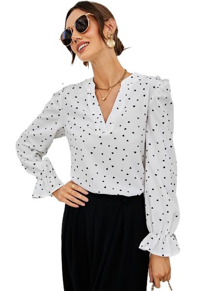

heart print flounce sleeve blouse s9t6#, White