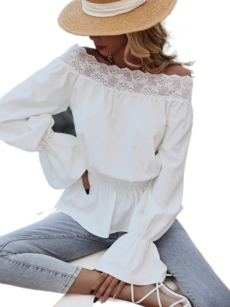 

shirred waist contrast lace flounce sleeve off shoulder blouse 88mj#, White