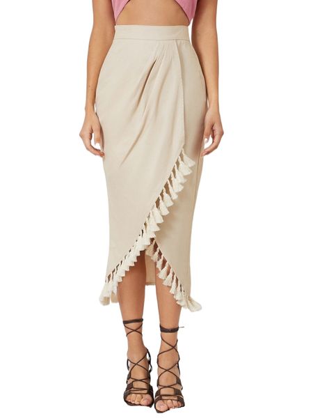 

high waist tassel trim wrap skirt e40y#, Black