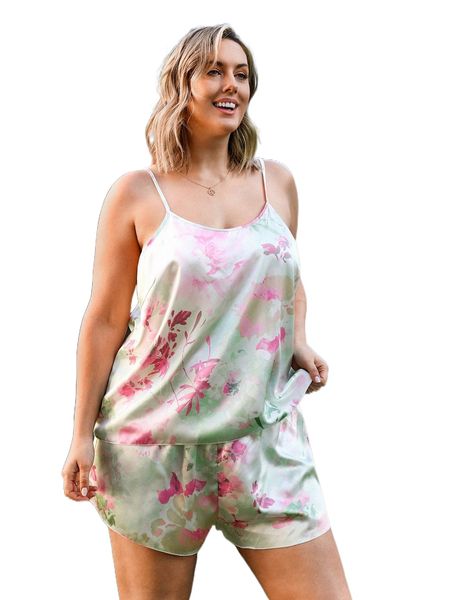 

plus floral print satin cami pajama set y41j#, Black;white