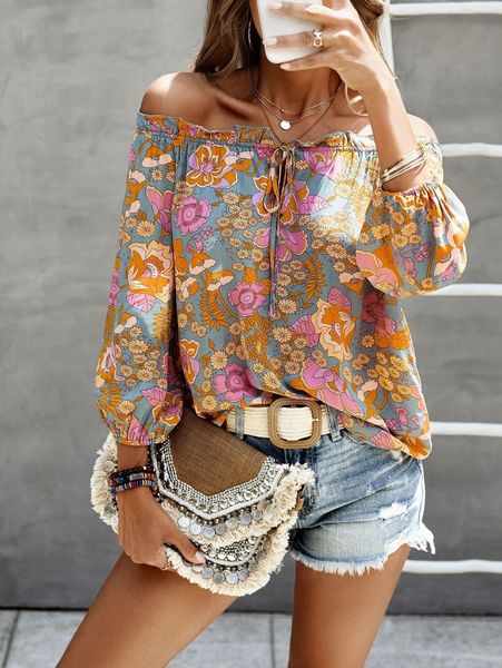 

floral print off shoulder lantern sleeve knot front blouse p4ut#, White