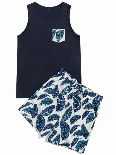 

men pocket patched tank & tropical print drawstring waist shorts 11yf#, Gray