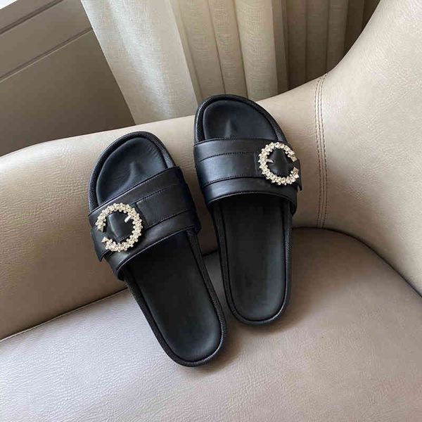 

slippers women's leather outdoor slippers summer shoes crystal decoration, Black