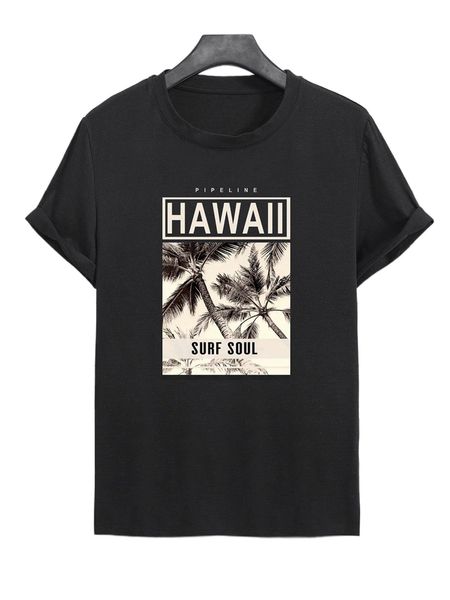 

men letter & palm tree print tee t4d6#, White;black