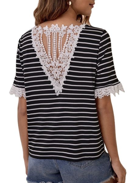 

striped guipure lace panel tee l8e4#, White