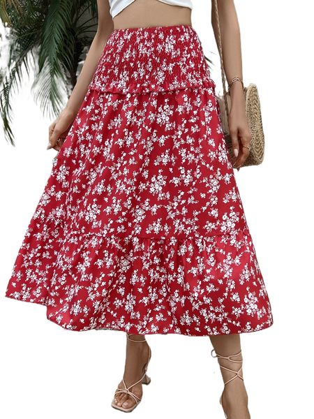 

ditsy floral print shirred ruffle hem dress 14e1#, Black