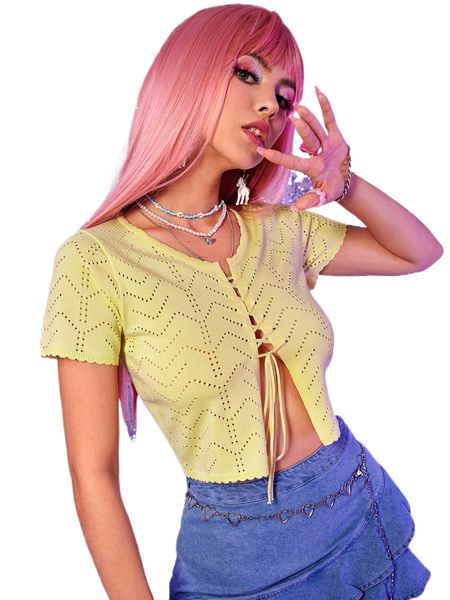 

lace up front scallop trim crop knit h1op#, White;black