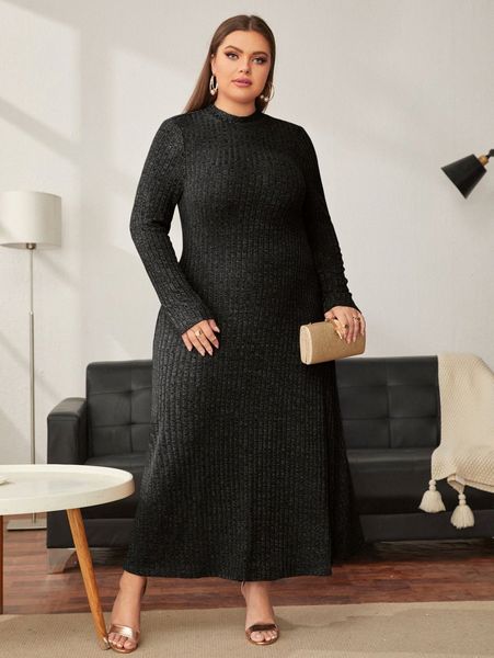 

plus mock neck rib knit dress l8fd#, Black
