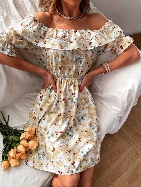

allover floral print contrast lace off the shoulder dress l0ls#, Black;gray