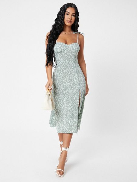 

petite shirred back split thigh ditsy floral cami dress u7hk#, Black;gray