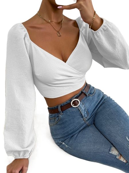 

lantern sleeve shirred back surplice front w8ea#, White