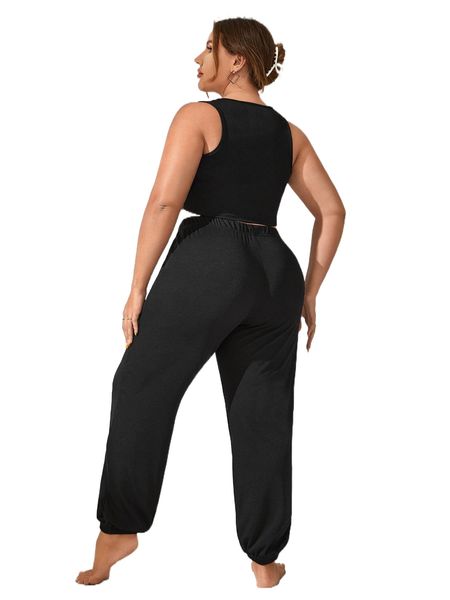 

plus solid ribbed knit lounge set 42nt#, Black;white
