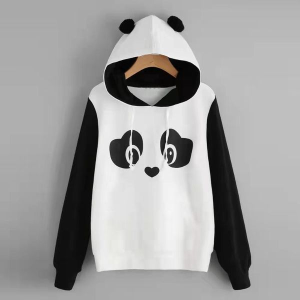 Kadın Ceketleri Panda Hoodies Hippi Sevimli ve Oynak Baskı Polar Black Beyaz Kontrast Renk Kadın Hoodieswomen's