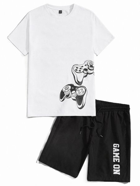 

men graphic print tee & drawstring waist shorts set d0s2#, Gray