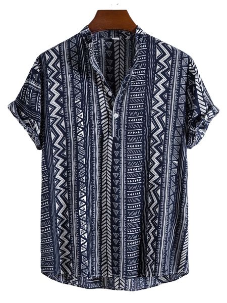 

men allover geo print half button shirt i7d1#, White;black