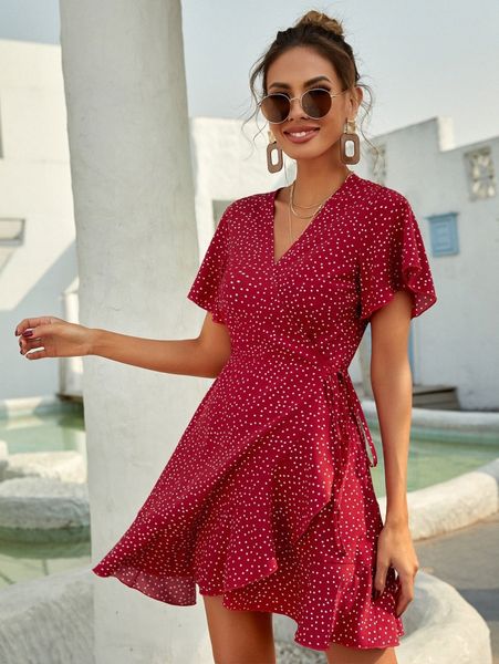 

polka dot knot side wrap a-line dress g5sm#, Black;gray