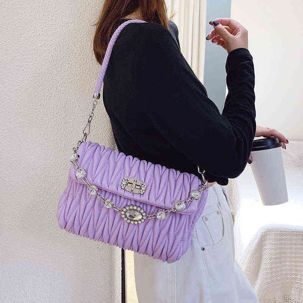 

fashion crystals decorated wrinkle pu leather bags quilted shoulder bag women flap chain crossbody handbag 220610