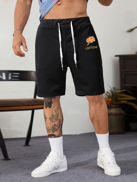 

men cloud & letter graphic drawstring waist shorts s6l9#, White;black