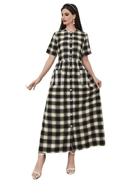 

plaid button front dress 05w5#, Black;gray