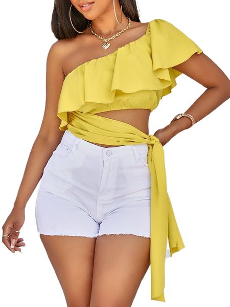 

sxy one shoulder tie side ruffle detail blouse m7ei#, White