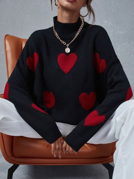 

heart pattern mock neck drop shoulder sweater z6lo#, White;black