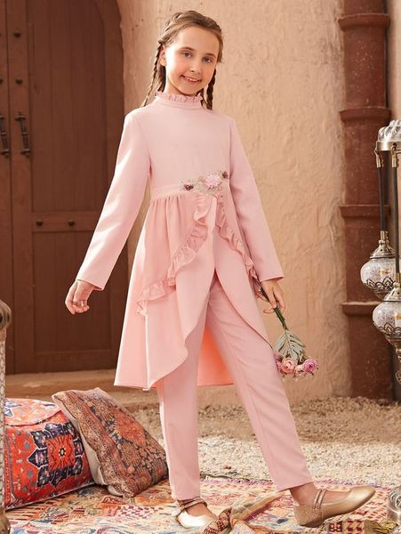 

girls appliques ruffle trim asymmetrical hem & pants set she, White