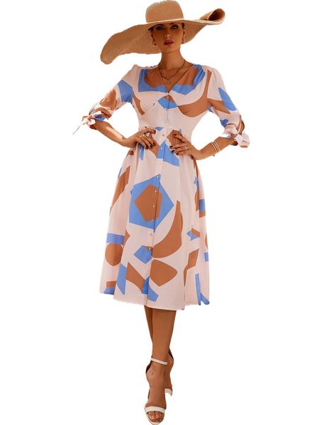 

geo print knot cuff shirred back dress z7ot#, Black;gray