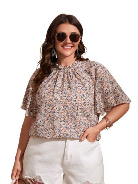 

plus ditsy floral frill trim blouse 12jk#, Black