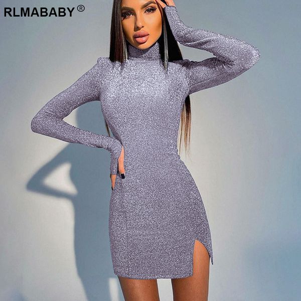 

spring autumn elegant office lady bright silk mini bodycon dress women slim turtleneck long sleeve short purple shiny dress, Black;gray