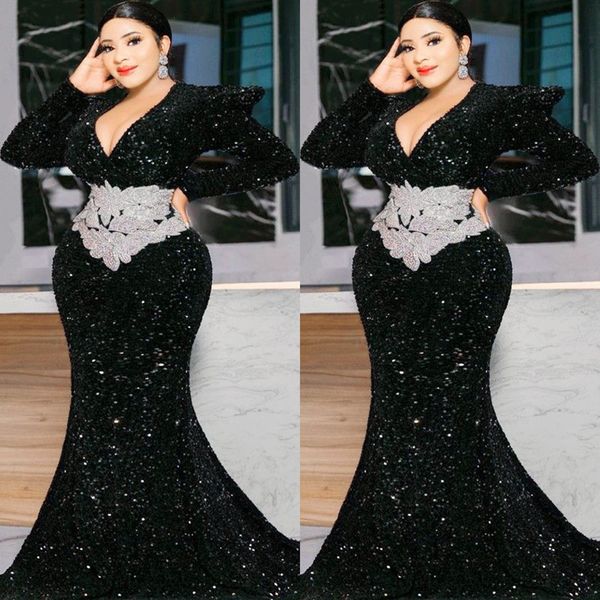 

2022 plus size arabic aso ebi mermaid black prom dresses beaded crystals evening formal party second reception birthday engagement gowns dre