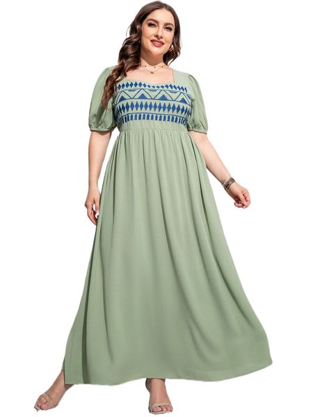 

plus geo print puff sleeve dress n8dk#, Black