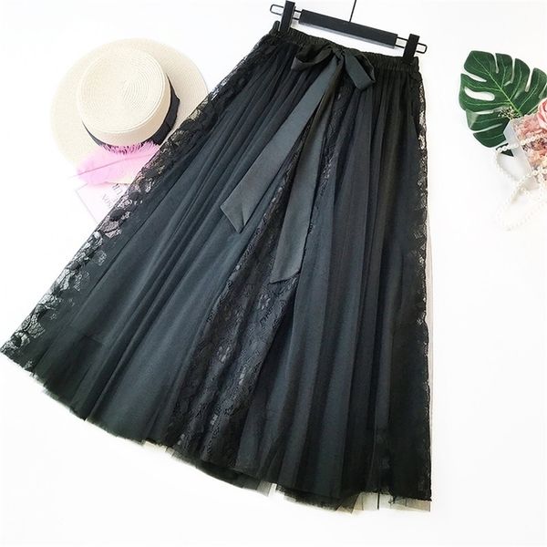 

fashion tutu tulle skirt women long maxi skirt korean cute bow high waist pleated skirt female school sun spodnica 210306, Black