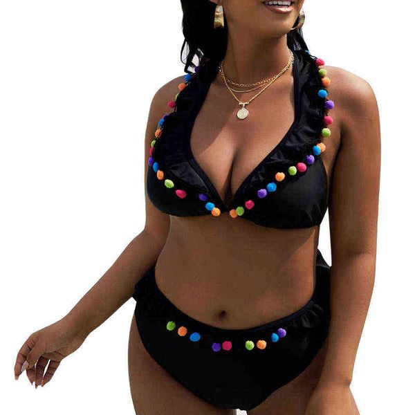 

fashion 2022 large size solid color small lotus leaf edge split swimsuit bikini, White;black