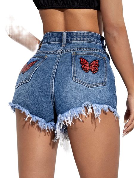 

high waist butterfly print raw hem denim shorts x5bf#, White;black