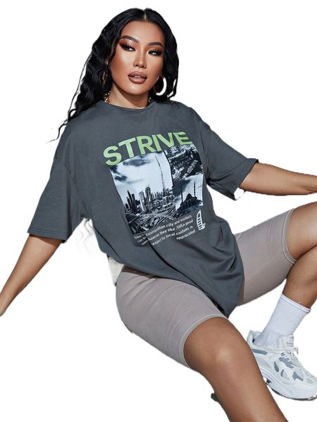 

building & slogan graphic drop shoulder tee s5m2#, White