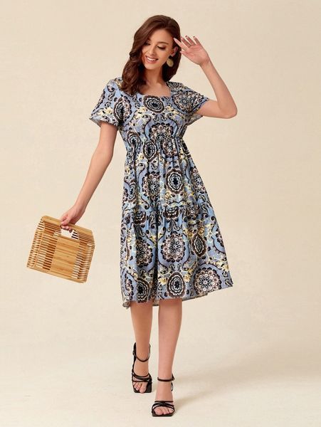 

mandala print square neck ruffle hem dress f6bd#, Black;gray