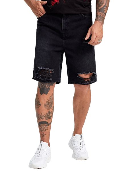 

extended sizes men ripped straight leg denim shorts h7sh#, White;black