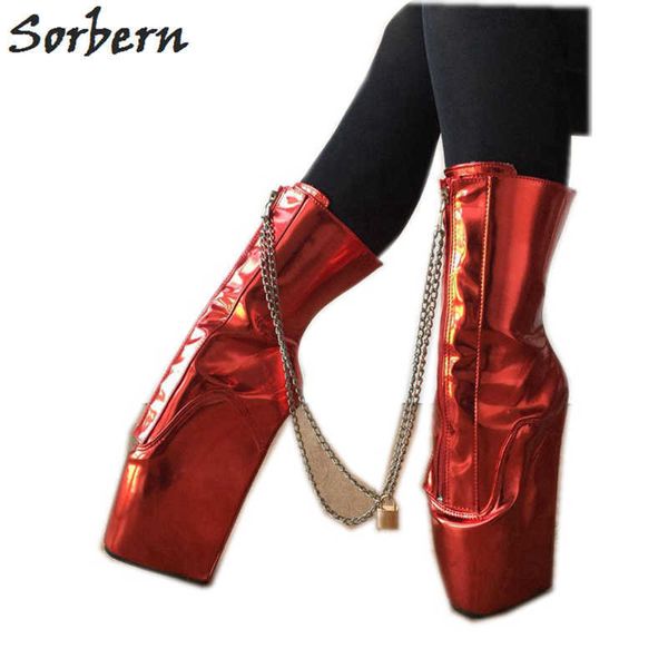 Botas de tornozelo vermelho metálico de SORBERN para mulheres cunhas de balé botas curtas com cadeias fechaduras BDSM sapatos Fêmeas Botines Mujer